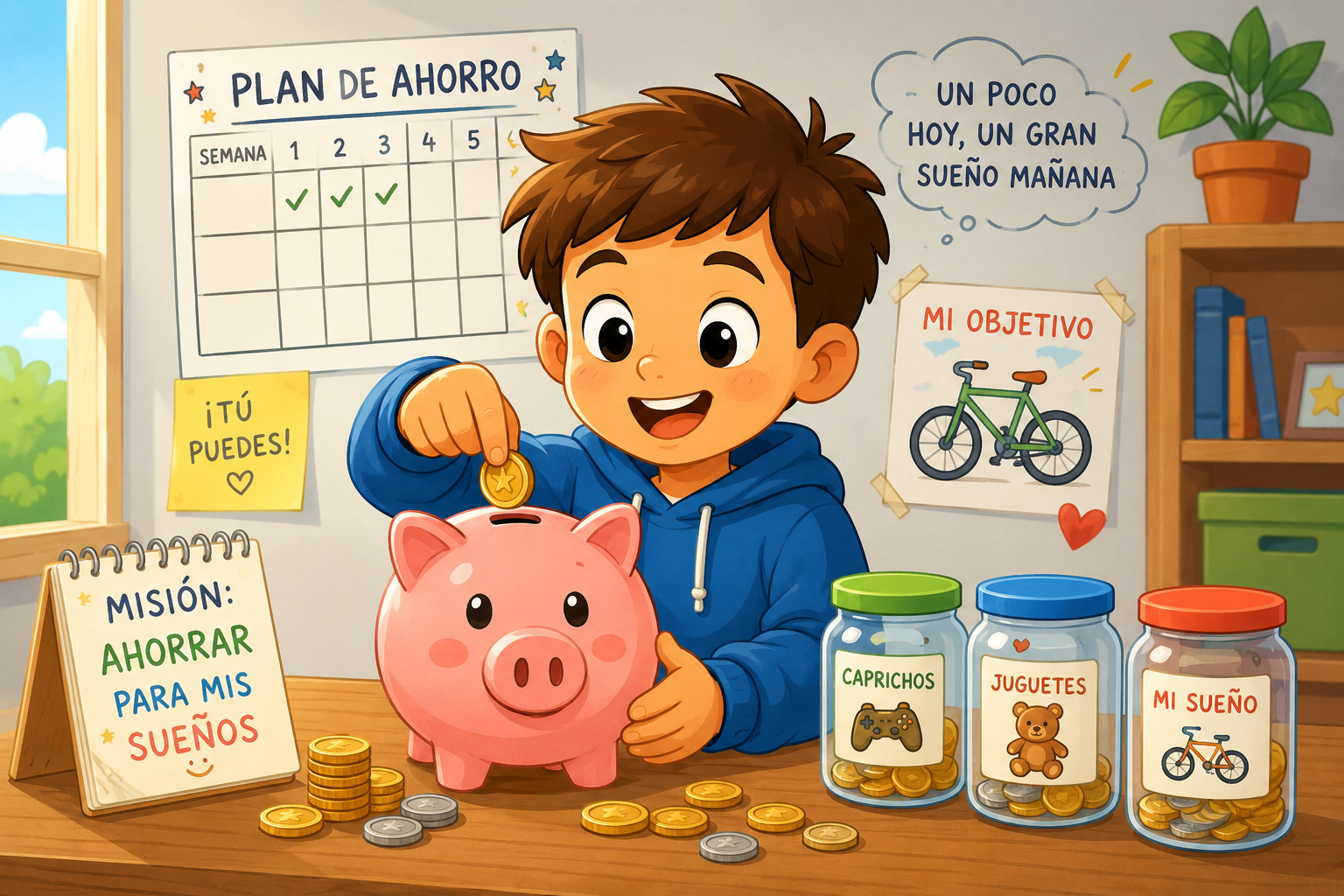 Niño aprendiendo a ahorrar dinero con una hucha de cerdito mediante juegos de ahorro