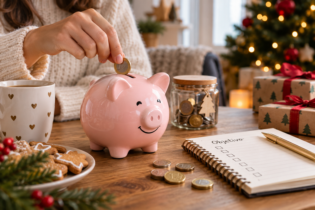 Persona guardando una moneda en una hucha para completar un reto de ahorro de 300 euros antes de Navidad