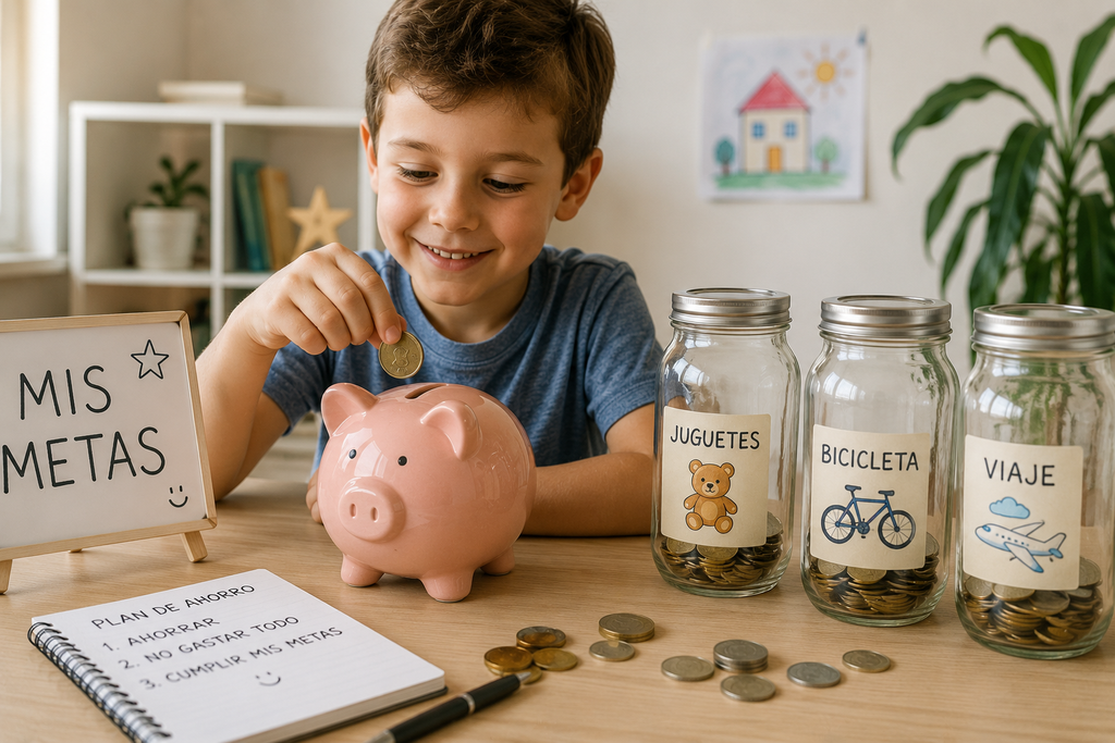 Niño aprendiendo a ahorrar dinero con una hucha de cerdito y diferentes objetivos de ahorro