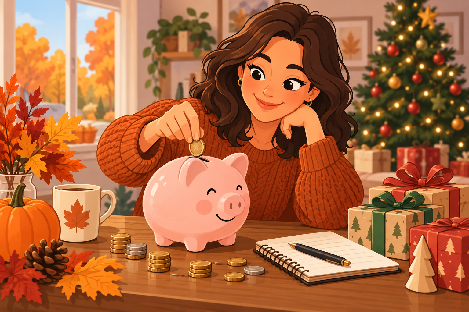 Mujer ahorrando monedas en una hucha de cerdito durante el otoño para conseguir 300 euros antes de Navidad